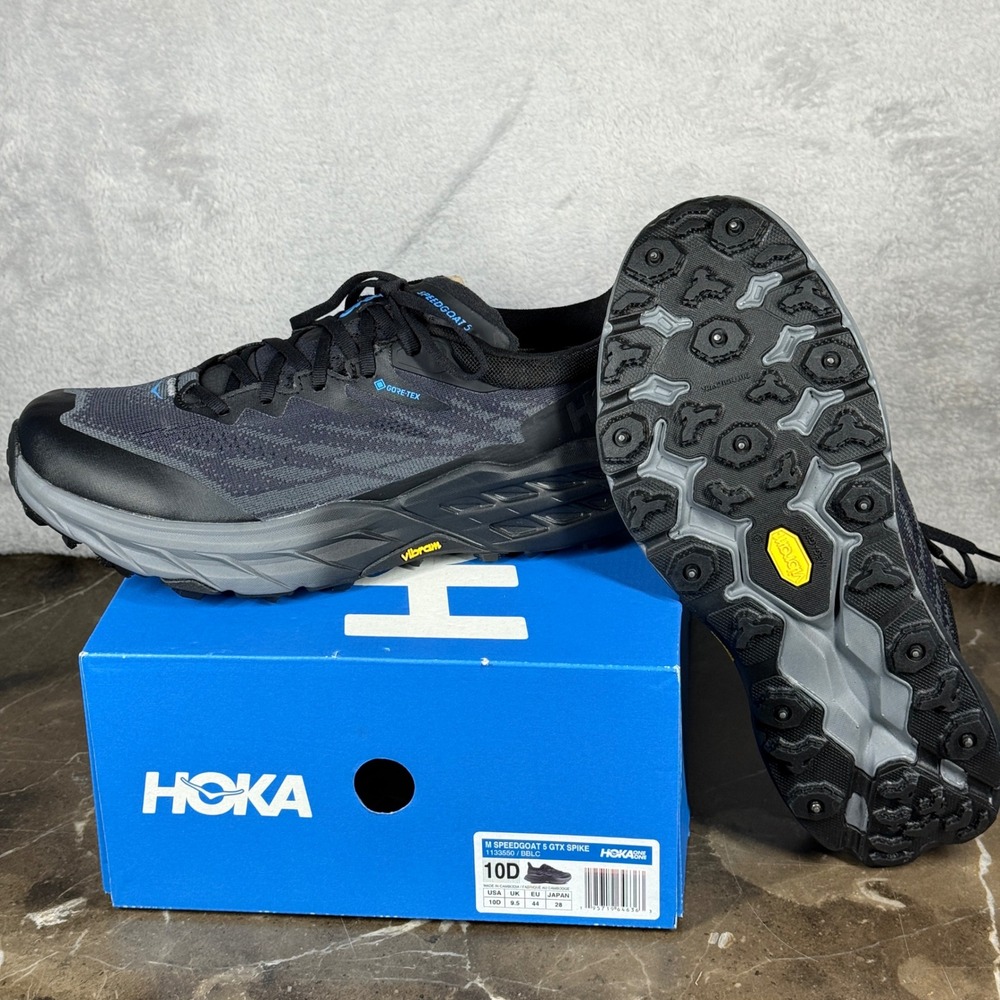 Hoka Speedgoat 5 GTX Spike Mens 10D Black Blue Trail Running Shoes 1133550